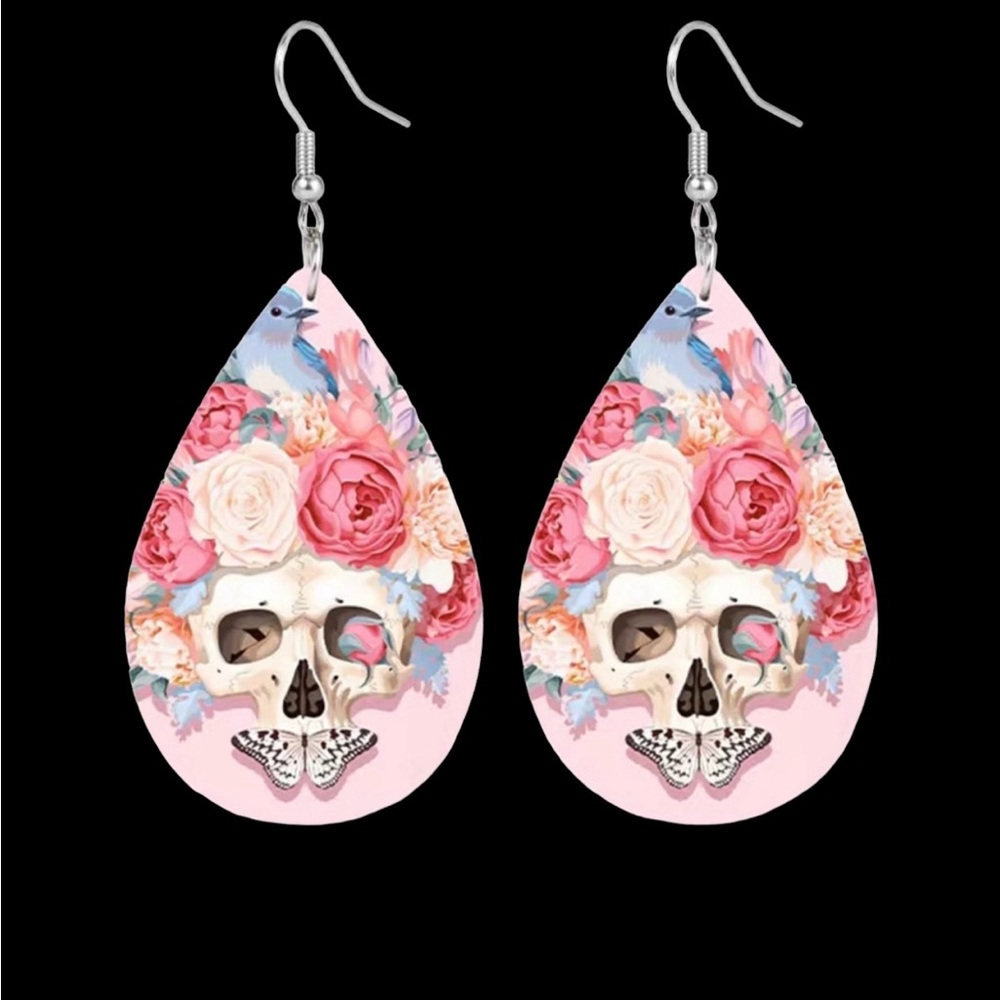 Pink Rose Flower Skull Print Dangle Halloween Earrings‎ Bohemian Faux Leather